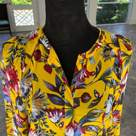 J. Crew Yellow Floral Silk Top with Pleats, Size S - Picture 2 of 8